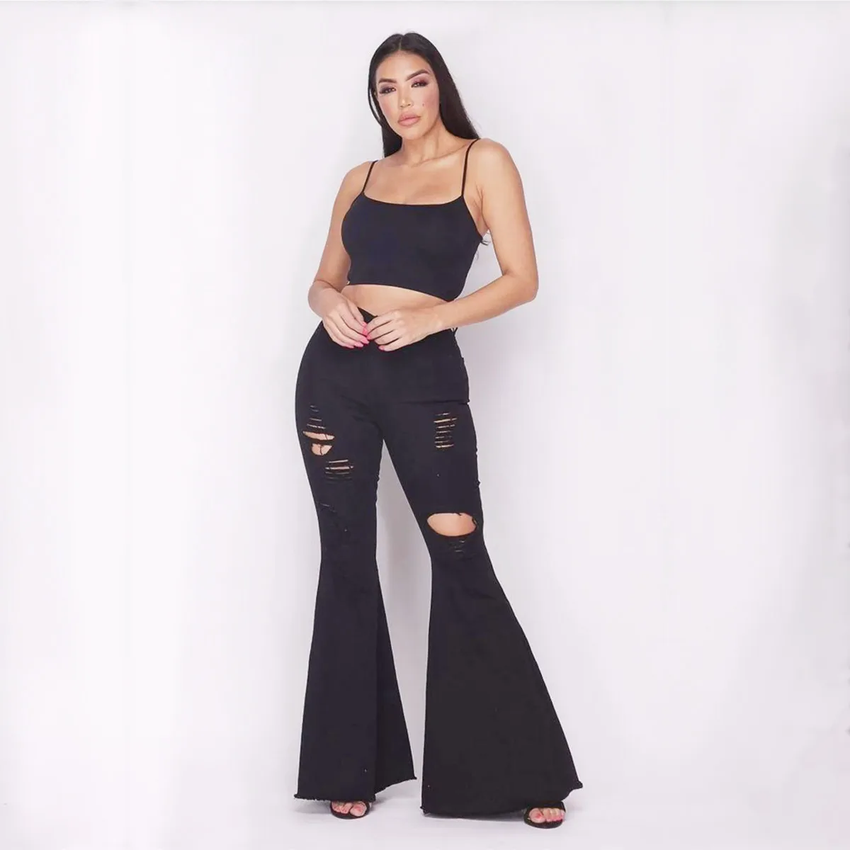 

FNOCE 2020 new women's ripped jean pants fashion street casual solid high waist tight hole hollow out slim full denim Flare Pant