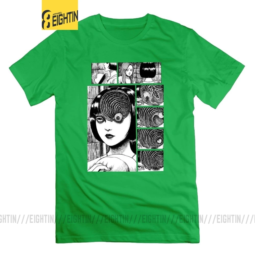 Uzumaki Junji Ito футболка ужас Футболка "Манга" короткий рукав мужские футболки хлопок черный фанки большой размер футболки с круглым вырезом - Цвет: Зеленый