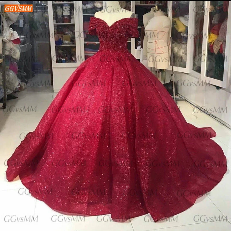 Glitter Red Wedding Dresses 2020 Robe De Mariee Lace Up Beaded Ball Gown Bridal Dress Women Arabian Custom Made Suknia Slubna