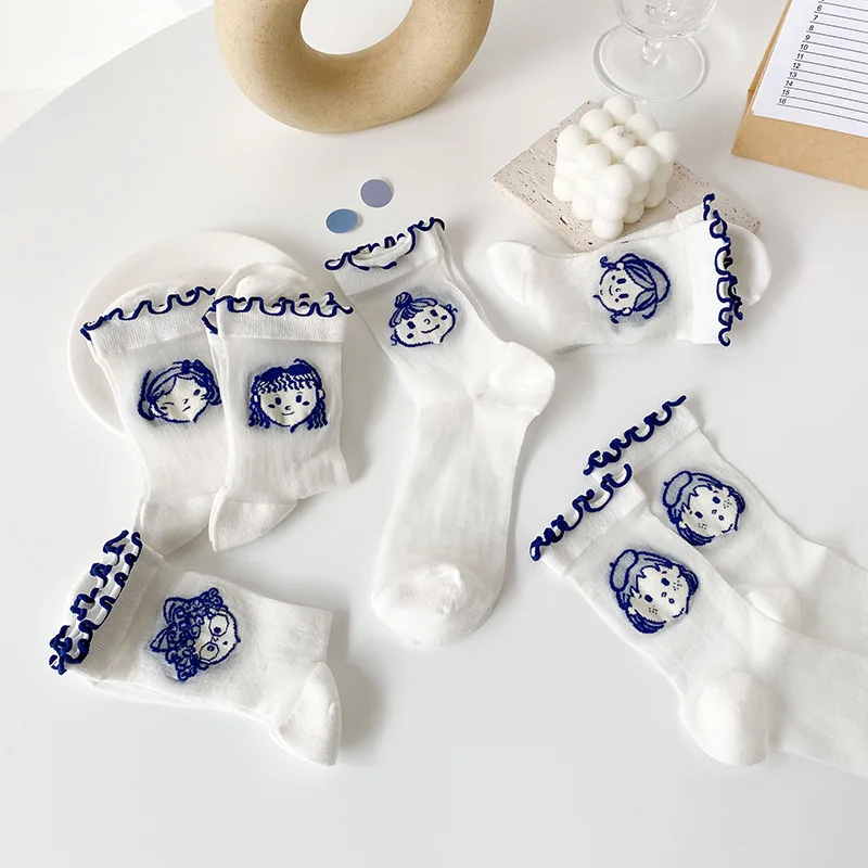 

Socks Female Spring Summer Japanese Style Thin Fashion Cute Blue Lace Girl Glass Silk Women Socks Breathable Middle Tube Socks
