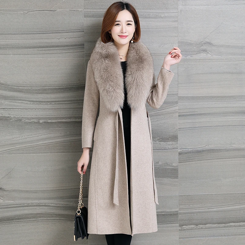 Зимнее двухстороннее кашемировое пальто для женщин Воротник из лисьего меха