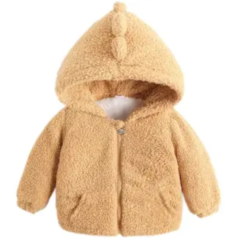 

Куртка для мальчиков и девочек на осень и зиму, хлопковая одежда с подкладкой, детская флисовая куртка с капюшоном с коралловым динозавром, ...