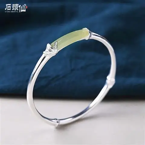 

[Green Bamboo Ning Chun] Silver Bracelet Women's Sterling Silver Retro Fashion and Personalized Temperament Ancient Style Hetian
