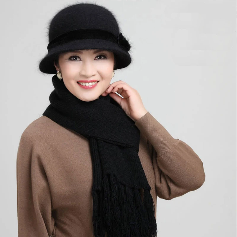 

New Winter elegant Women Rabbit Fur Hat Scarf Set Warm Wool Knitted Plush Scarves Two-piece Bonnet Mom Cap Gifts Fleece Shawl