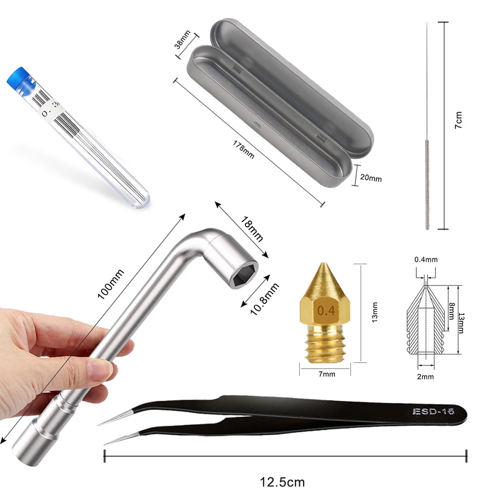 

34pcs 3D Printer MK8 0.4mm Extruder Nozzle Tweezers & Spanner& for Creality CR-10 10S Ender 2 3 Printer Replacement Parts