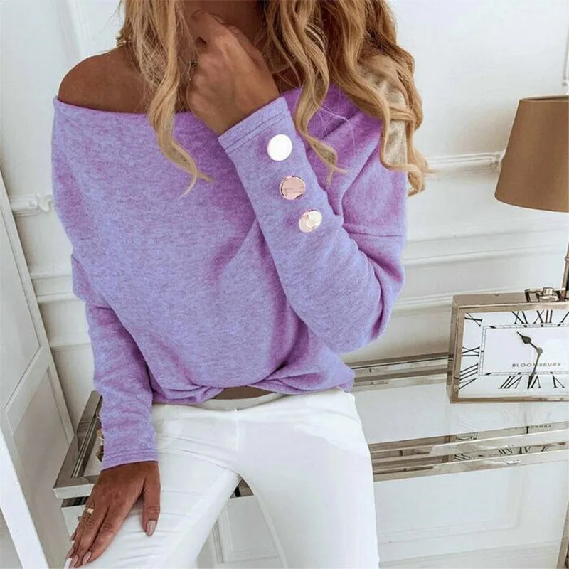 

Women Autumn T-shirts Long Sleeves Off Shoulder Pullover Loose Tops Fall Casual Long Sleeve Pullover T-Shirt Solid Colot Tees