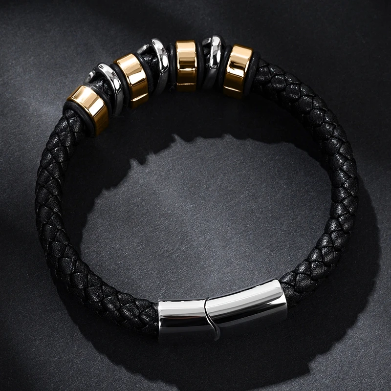 Мужской браслет плетеный из натуральной кожи нержавеющей стали модный панк