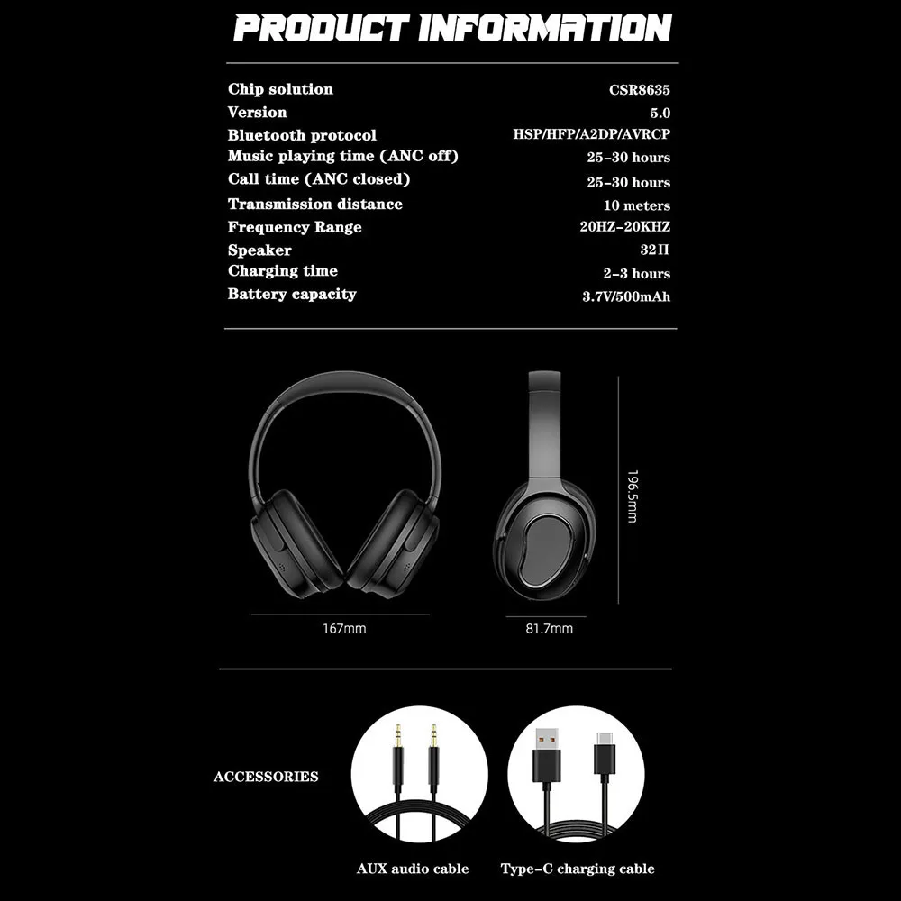Ms Wireless ANC Headset Headphones Active Noise Cancelling Type-C 3.5Mm Port Touch Foldable Game Earphone For Xbox Ps5 enlarge