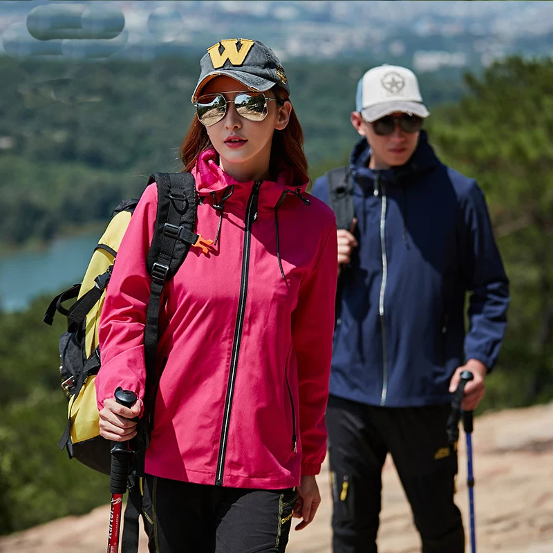 

2019 Autumn Outdoor Elastic Hiking Jacket Single Layer Section Women Men Set Mountaineering Clothing Hooded Breathable Windproof