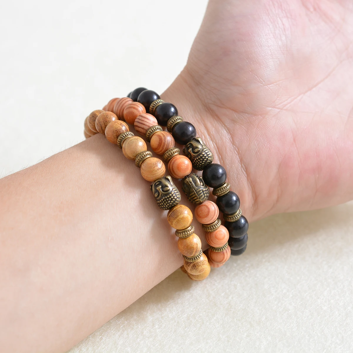Ретро мужской браслет бусы из натурального дерева Будда растягивающиеся