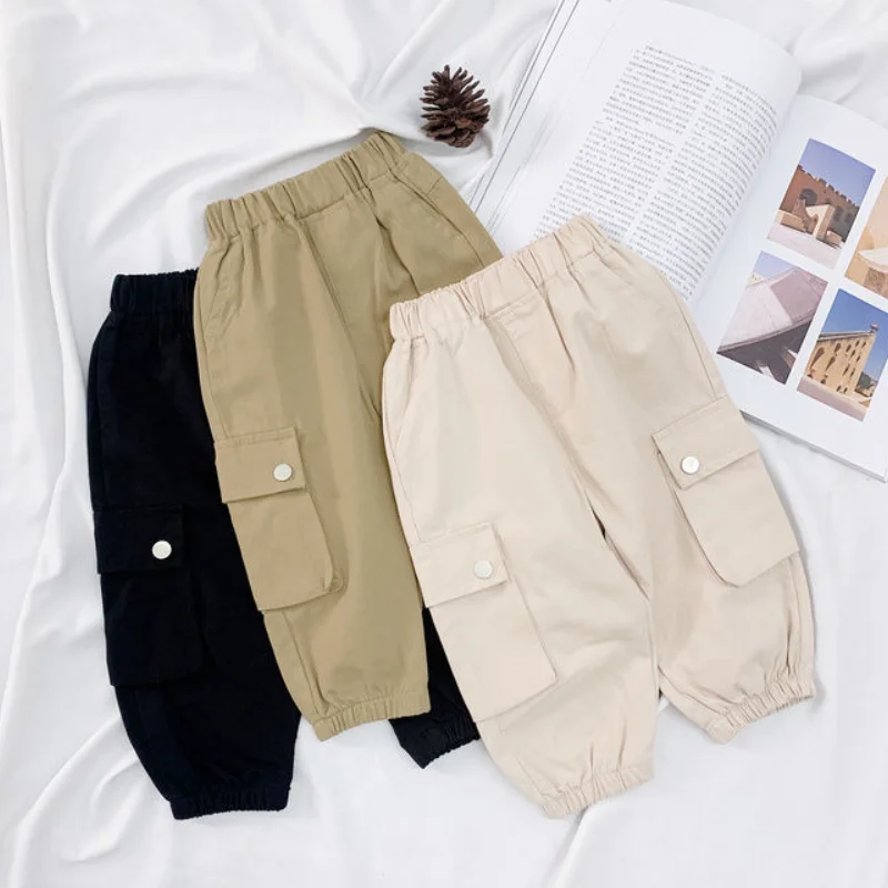 

Fashion Boys Cargo Pants Kids Clothes Spring Fall Children Loose Trousers Pockets Casual Cotton Solid Color 10 Years Teens Pants