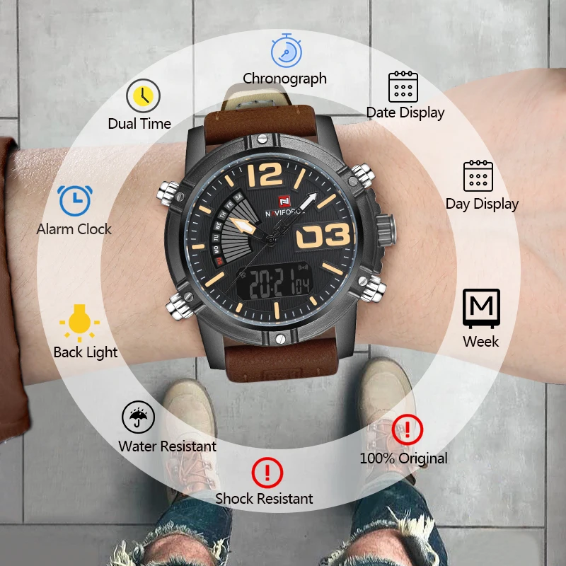 Часы наручные NAVIFORCE Мужские Цифровые спортивные брендовые Роскошные армейские