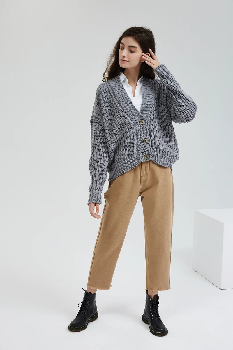 Wixra Knitted Chunky Cardigan Sweater Women Simple Solid Thick Button Clothing Sweater Stylish Tops for Female Autumn Winter