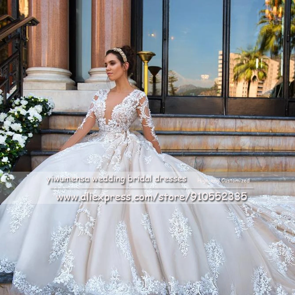 Koop Luxe Applicaties Parels Prinses Kant Een Lijn Bruidsjurk Lange Mouwen Champagnes V-hals Trouwjurk Robe De Mariee Trouwjurk