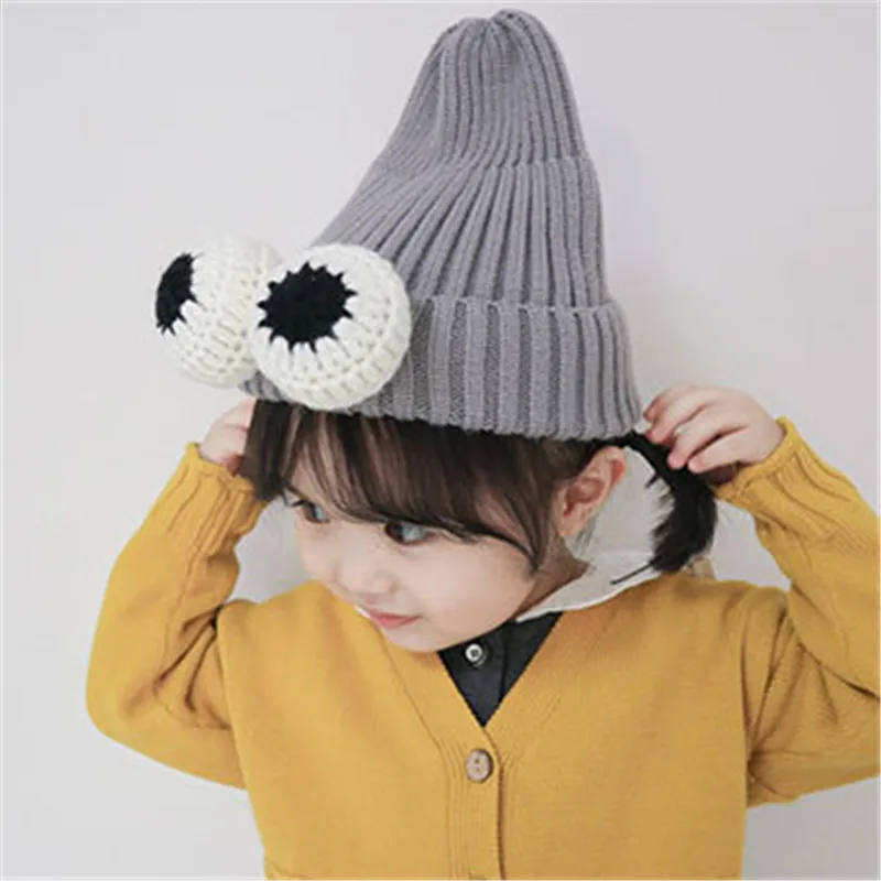 2019 зимние серые милые детские шапки с большими глазами теплые унисекс для