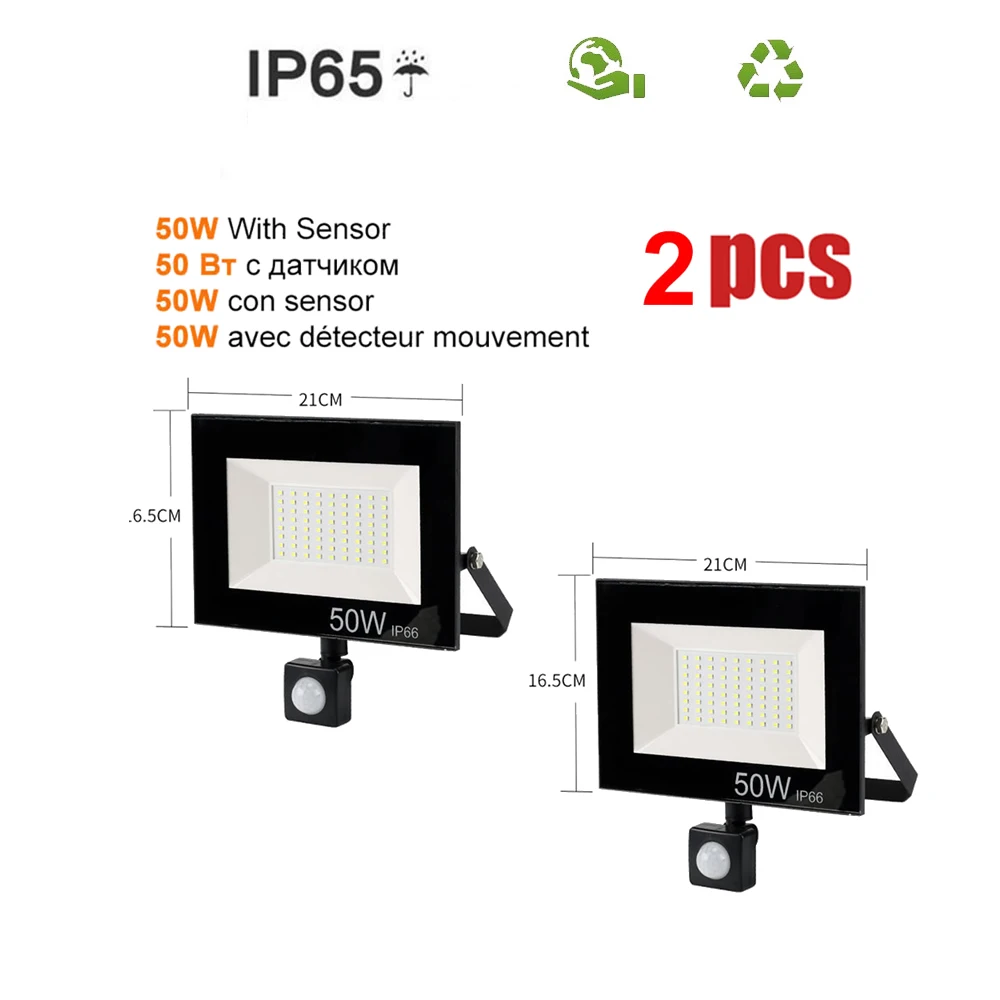 

2 pcs 220V 10-100W LED FloodLight Spotlight Exterior Street wall reflector lighting Wireless Pir Motion Sensor Lamp Waterproof R