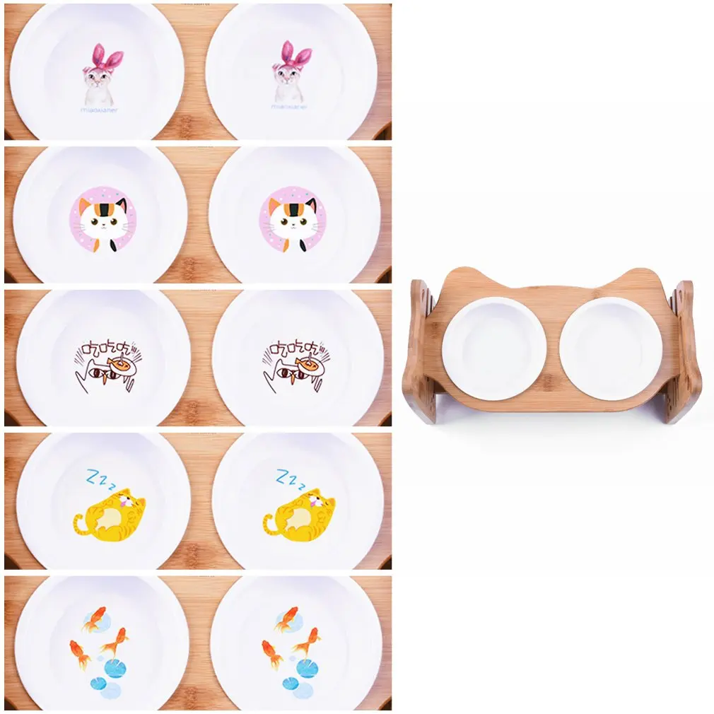 

Cute Pets Double Bowl Dog Cat Food Water Feeder Stand Raised Ceramic Dish Bowl Wooden Table Pet Supplies