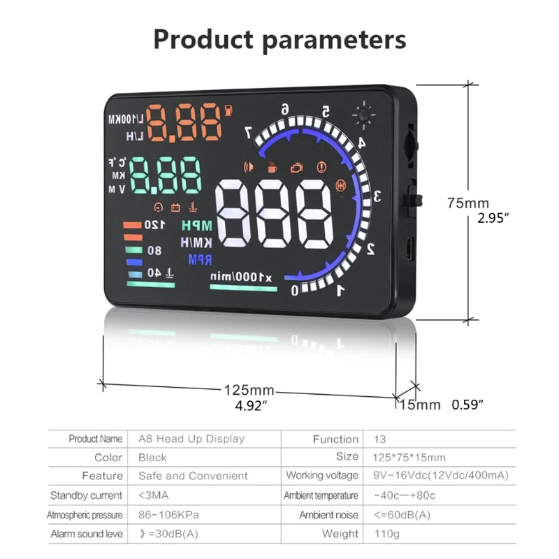 

A8 OBD2 HUD Car Head Up Display 5.5"Windscreen Projector OBD Scanner Speed Fuel Warning Alarm Data Diagnostic Tool T21E