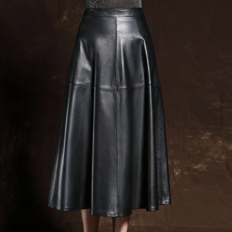 

Vintage Elegant Ladies Ball Gown Mid Calf Long Skirt Sheepskin Genuine Leather Skirts 2021 New Women High Waist Pleated Skirt