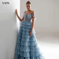 uzn sweetheart neck formal evening gowns saudi arabia tiered longo prom party gowns with crystal sash backless evening dress