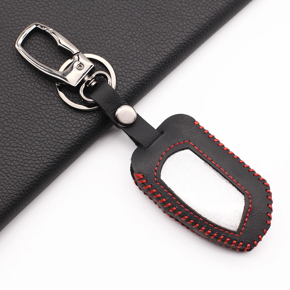 

New Style 100% Leather Key Case Protector Cover Keychain for Pandora DXL 4950 DX-90BT DX-91 LCD Two Way Car Alarm Remote Control