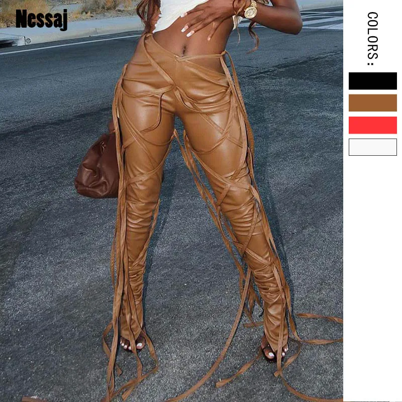 

Nessaj Slant Waist Design Lace Sexy Flare Pants Women High Waist Bandage Leggings Party PU Leather Tassels Ruched Pants Female