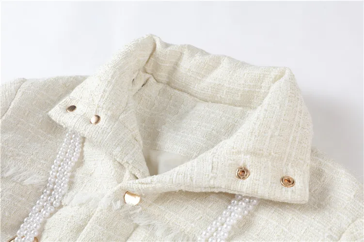 Женская твидовая парка с жемчужинами и бахромой теплая белая однобортная