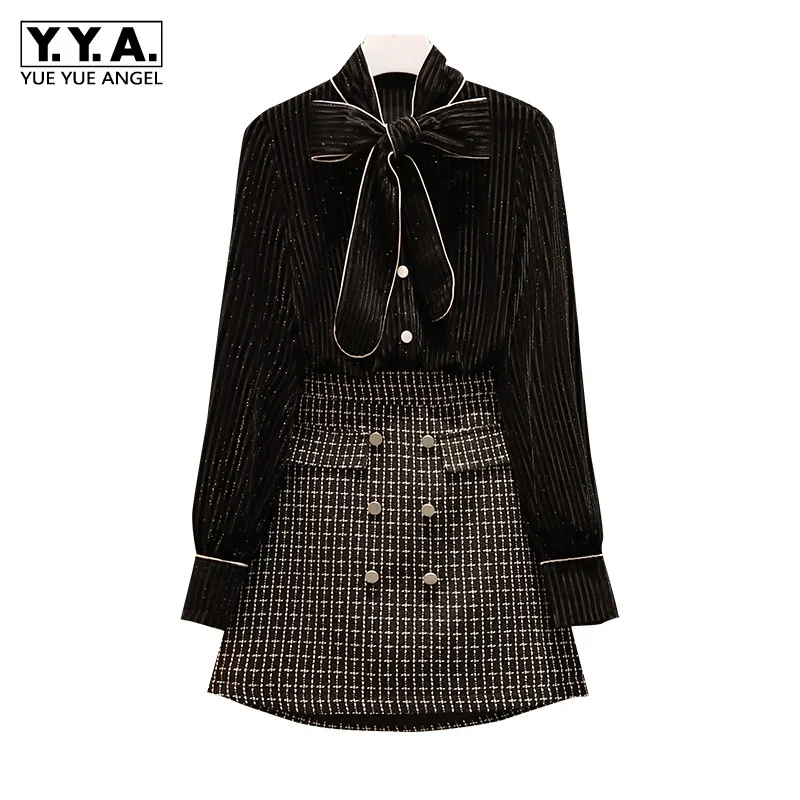 

Spring Plus Size Women Bow Collar Blouse Two Piece Set Plaid Mini Skirt Conjunto Feminino Office Ladies Shirts Top Matching Sets