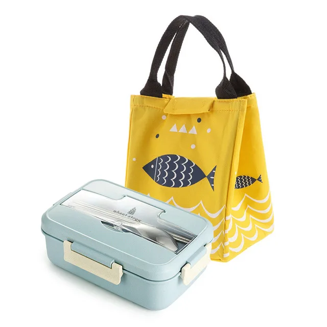 Blue Set Bento Ланч-бокс для детей с ложкой палочки для еды контейнер герметичный BPA бесплатно Пшеничная солома набор посуды Экологичная коробка для еды - Цвет: Blue Set