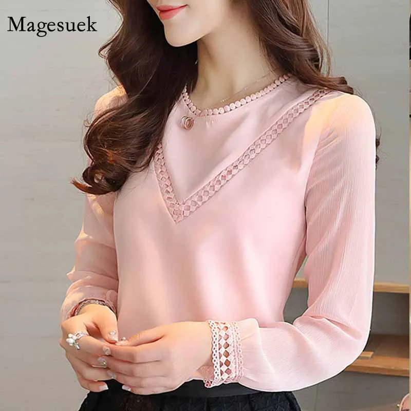 

Корейская модная повседневная женская блузка, белая рубашка с длинным рукавом, розовая шифоновая блузка, женская одежда, блузы для женщин, ...