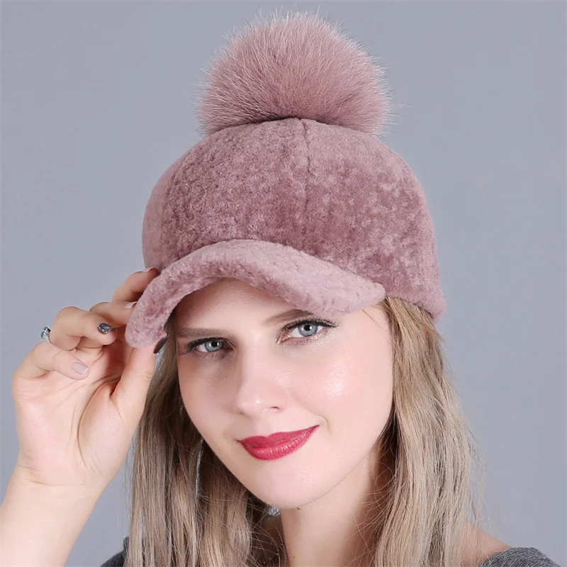 

Winter Women Cashmere Hats Comfortable Wool Visors Cap Warm Plus Velvet Stylish Lady Natural Fur Pom Pom Wool Caps Female