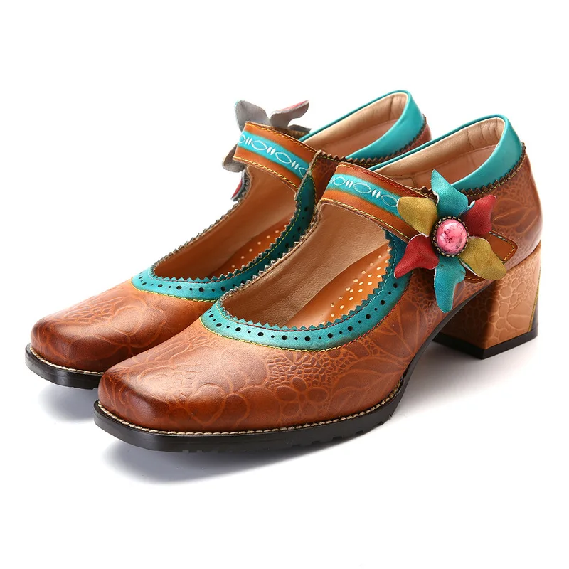 Colorful Women Pumps Breathable Stitching Painted Flower Genuine Leather Buckle Strap 3-5CM Square High heels Women Shoes