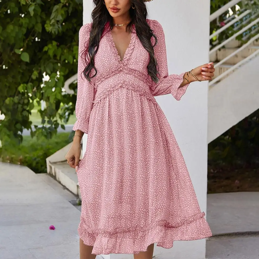 

Female Dress Small Leopard Print Ruffle Wide Hem Loose Robe Leisure Lacework V Neck Lantern Sleeve Dresses Woman Summer 2021