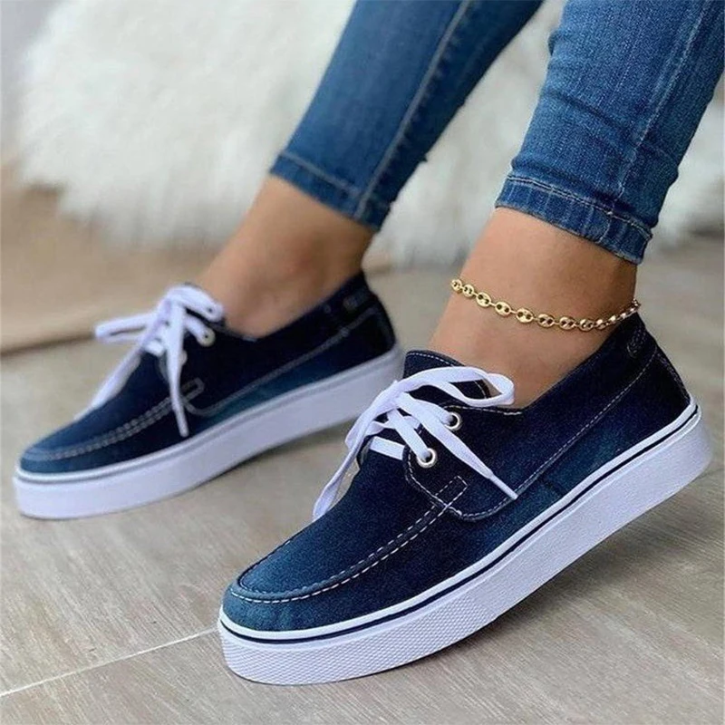 

Fashion Women Lace Up Sneaker Blue Slip On Flats Canvas Shoes Casual Vulcanized Lady Comfortable Summer Plus Size Shoes Autumn