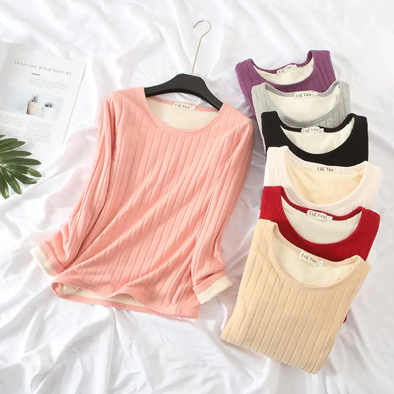 

Warm Long Sleeved T-shirt Women Plus Velvet Thicker Autumn And Winter Women Clothing Tee Shirt Plus Size Ladies Tops Solid Q3111