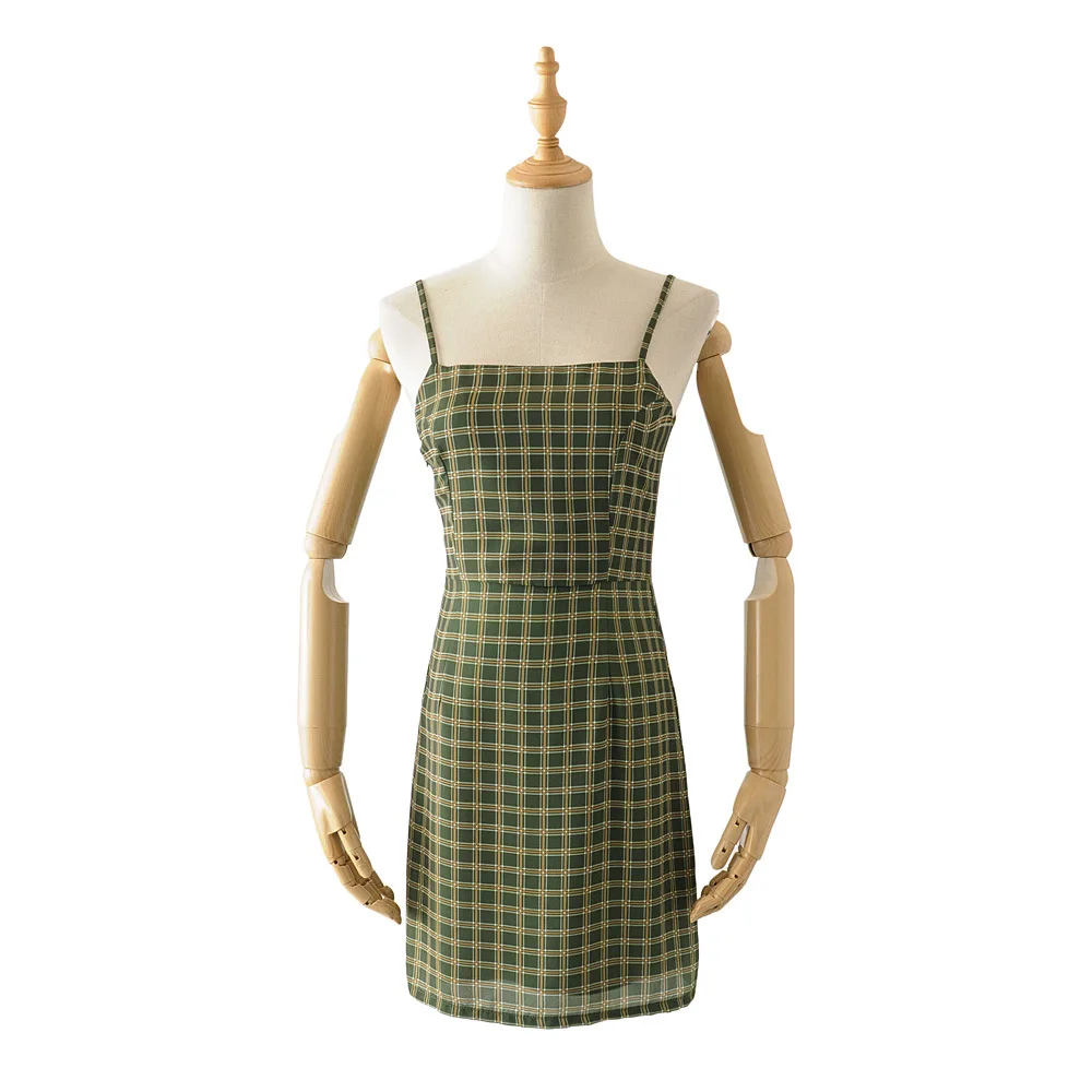 

New avocado green retro plaid slim strap dress female spring and summer niche skirt