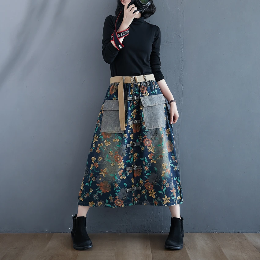 

Женская длинная джинсовая юбка, винтажная свободная джинсовая юбка в стиле пэчворк с эластичным поясом, DM001