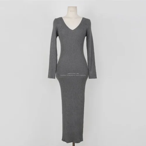 

2020 temperament deep V-neck knit dress Office Lady Polyester Sheath Zippers Korean autumn clothing