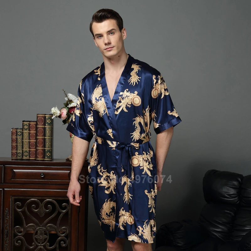 Мужское кимоно кардиган пижама с драконом Женская атласная шелковая Домашняя