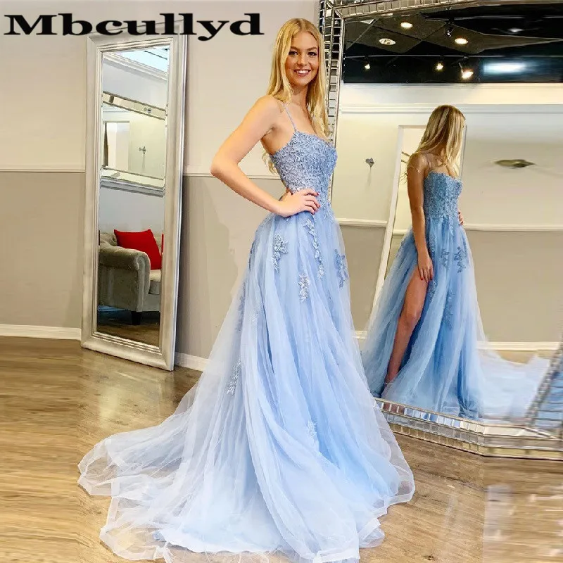 

Mbcullyd Soft Tulle Evening Dress For Women 2023 Sexy Cross Backless Long Prom Dresses Chic Applique Lace Robe De Soiree