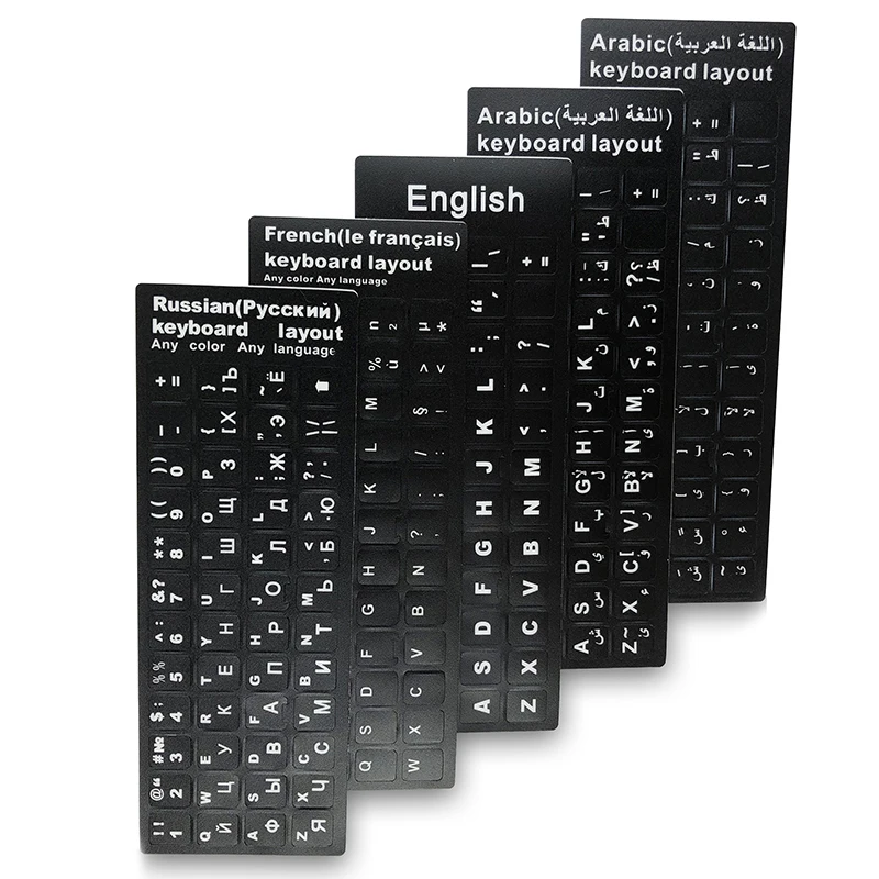 

5 шт./упаковка, наклейки для клавиатуры, русский, французский, английский, арабский, испанский, португальский алфавит