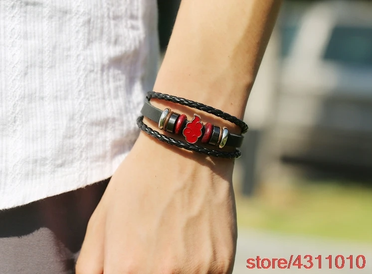 

anime naruto cosplay akatsuki bracelet costume accessories red cloud uchiha itachi bracelet Metal PU Leather Wristband Bracelet