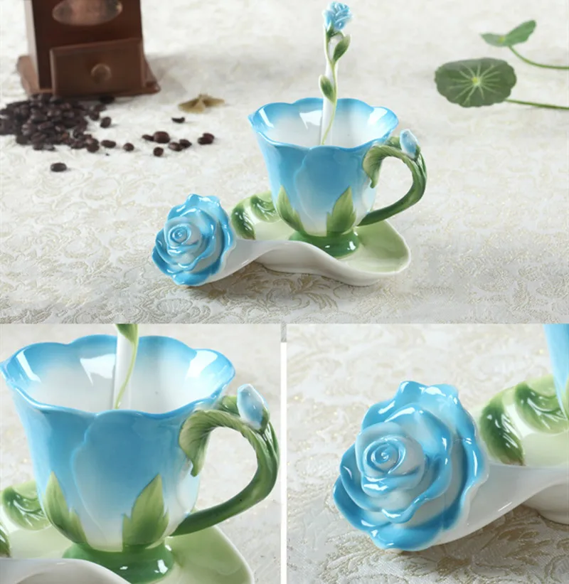 Creative Fashion 3D Rose Shape Flower Enamel Ceramic Coffee Tea Cup and Saucer Spoon Set Porcelain Water Valentine Day Gift | Дом и сад
