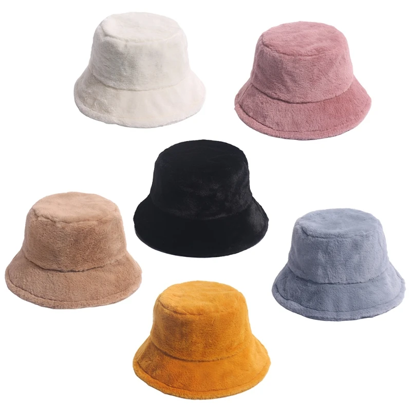 

Women Winter Fuzzy Plush Bucket Hat Ear Warmer Short Brim Sunscreen Round Top Thicken Windproof Packable Fisherman Cap