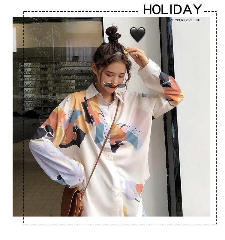 

2021 Spring Fall Printed Female Shirt New Loose Vintage Hong Kong Style Top Long Sleeve Unique Button Up Fashion Ladies Blouse