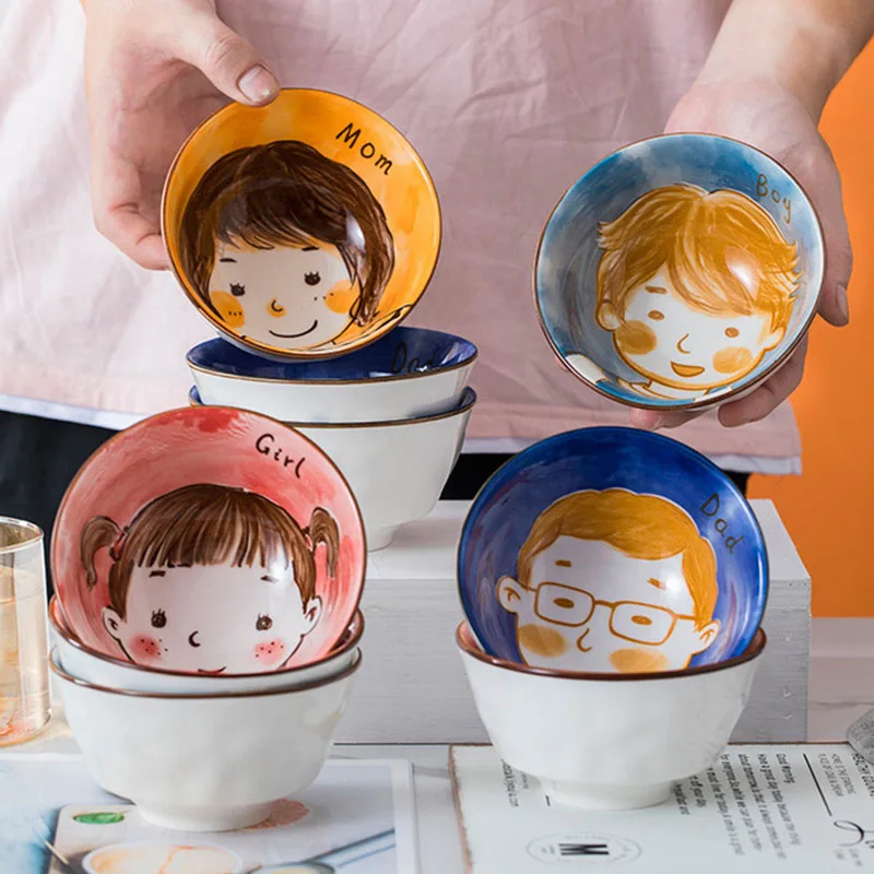 

2pcs/set Creative Cartoon Family Bowl Rice Bowl Soup Bowl Ceramic Crafts Seasoning Container for Kids Kitchen Restaurant