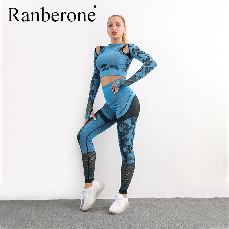 Ranberone 2 Piece Yoga Sets Sport Fitness Seamless Workout Clothes Gym Women Hollow Out Patchwork Women's Tracksuit 2020
