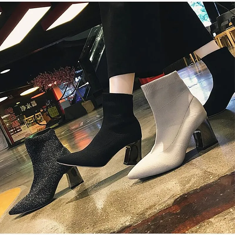 Демисезонные ботинки-носки SLHJC с заостренным носком вязаные тканевые