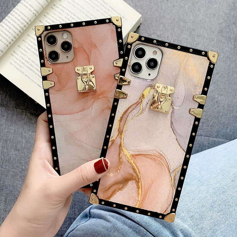 

Luxury Marble Texture Square Phone Case For iPhone 13 12mini 11 Pro XS MAX XR X 7 8 Plus Epoxy Glitter Gold Foil Soft back cover