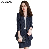 boliyae fashion suits with skirt set woman 2 pieces spring temperament long sleeve blazers autumn black striped office pantsuit